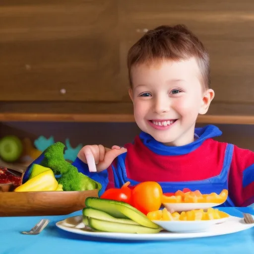 

Une image d'un enfant souriant et heureux, tenant une assiette remplie de légumes variés. La légende de l'image pourrait être "