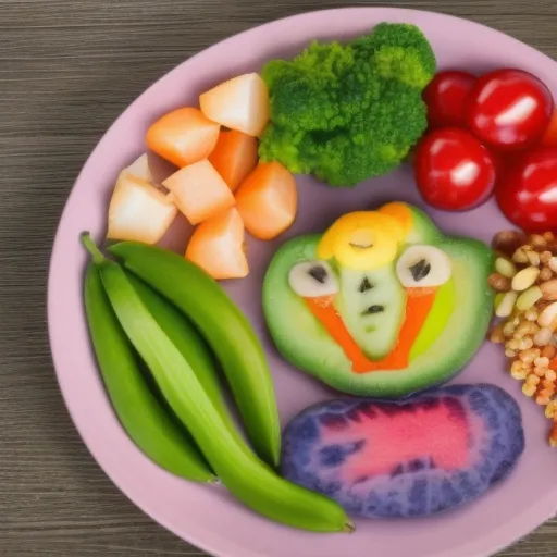 

Une image montrant un enfant souriant tenant une assiette remplie de restes de repas variés et colorés, avec des légumes, des fruits et des protéines.