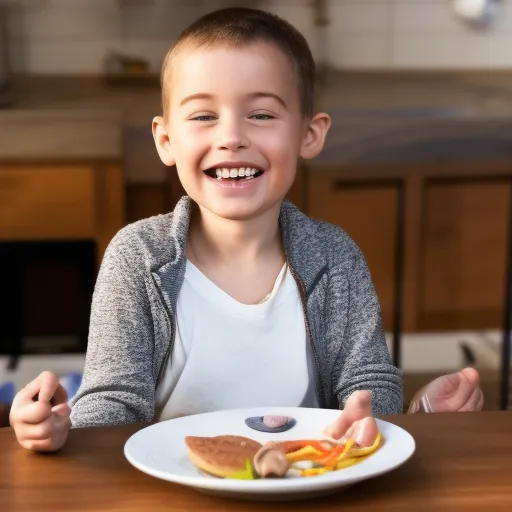 

Une image d'un enfant souriant et heureux, tenant une cuillère et une assiette remplie de nourriture variée.