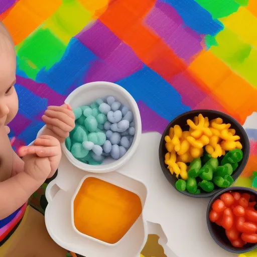 

An image of a toddler sitting at a table with a selection of colorful finger foods arranged in a rainbow pattern. The toddler is happily exploring the food with their hands, learning about different textures and tastes.